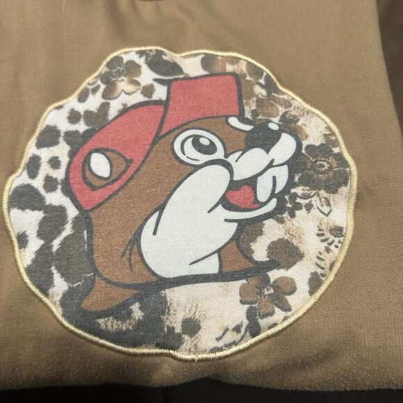 Buc-ees Sweatshirt Womens Tan Brown Leopard Fleece Beaver Pullover Crewneck L - Picture 3 of 4